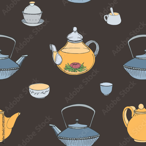 Elegant seamless pattern with hand drawn traditional Japanese tea ceremony attributes - cast-iron kettle Tetsubin, teapot, cups or bowls. Colorful vector illustration on dark background