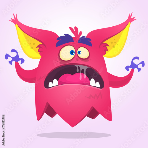 Angry cartoon monster pink and horned. Vector illustration