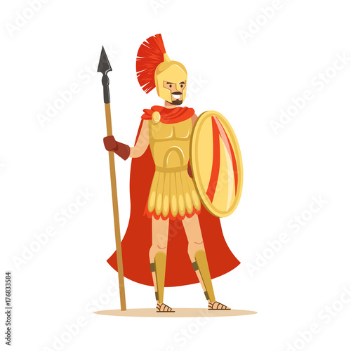 Spartan warrior character in armor and red cape with shield and spear, epic Greek soldier vector Illustration