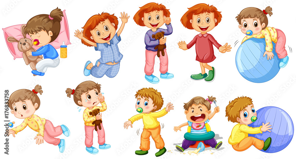 Baby girls and boys doing different activities Baby girls and boys doing different activities