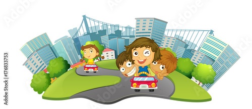 Children riding cars in the city park
