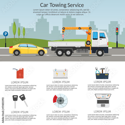  tow truck city road assistance service evacuator of Online car help Flat design vector background illustration set