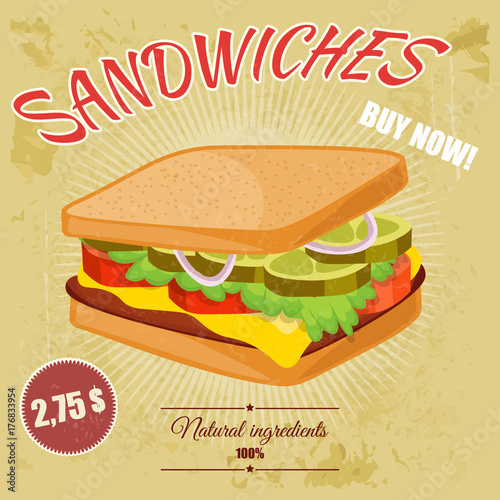 Colorful retro vintage cartoon poster of sandwich fast food vector