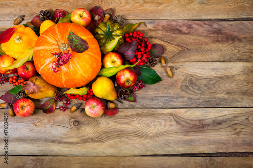 Thanksgiving arrangement with pumpkin, apples, pears, rowan berries, copy space.