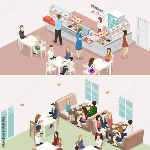 Isometric flat interior of sweet-shop, cafe, canteen and restaurant kitchen.