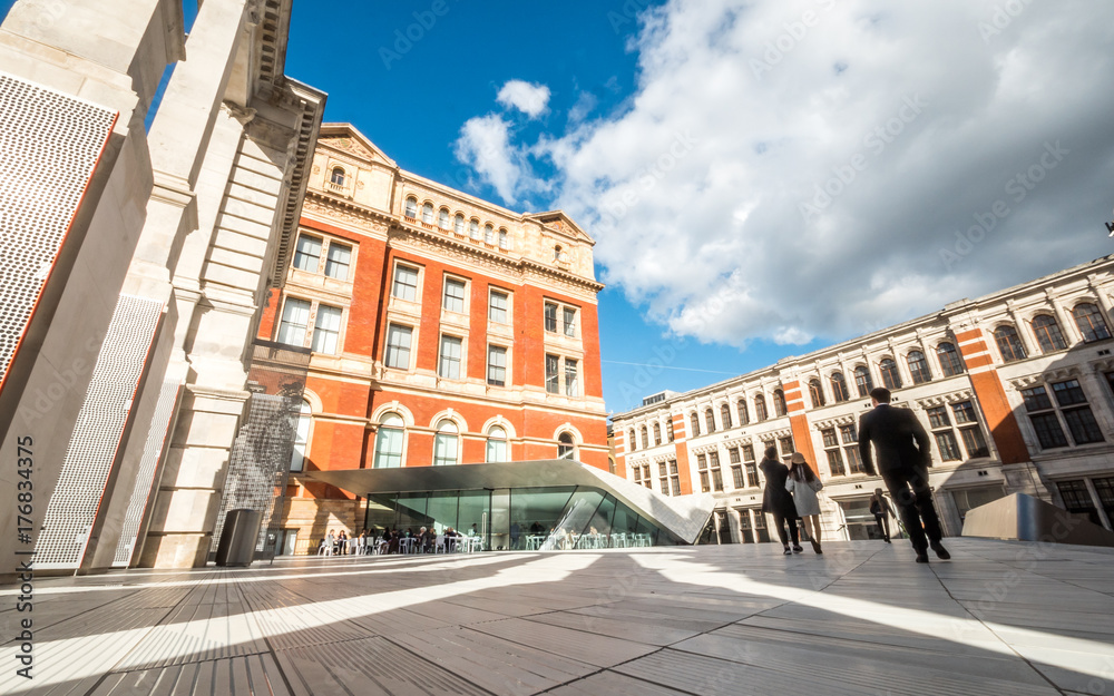 The Sackler Courtyard, Victoria and Albert Museum, London. A view of the secondary entrance and café to the V&A Museum from Exhibition Road.