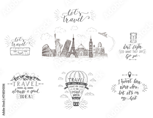 World travel , sights and transport. Set of tourism banners with hand-lettering quotes.