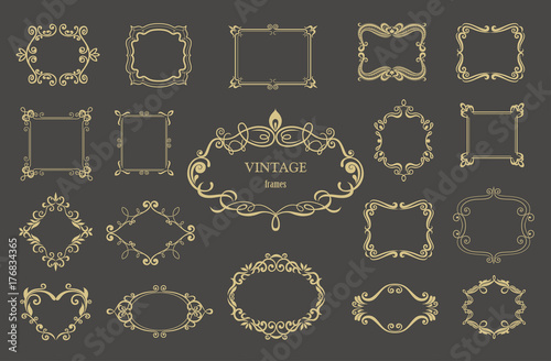 Set of gold vintage floral frames and monograms.