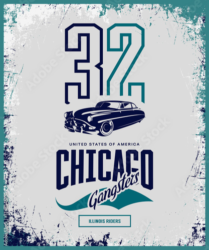 Vintage gangster vehicle vector logo isolated on light background.
Premium quality classic car logotype tee-shirt emblem illustration. Chicago, Illinois street wear superior retro tee print design.