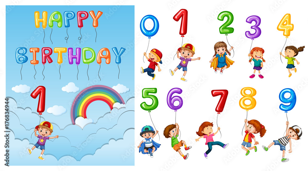 Children with numbers and balloons