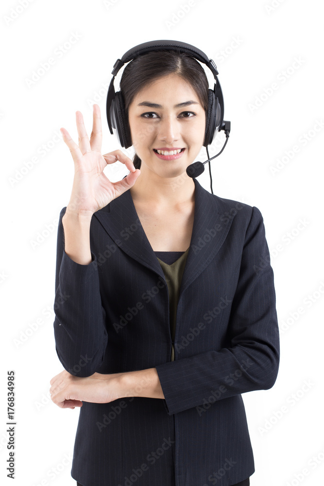 Asian Callcenter Woman smiling, Woman stand and smile, isolated on white background, Woman working concept. Asian Callcenter Woman smiling, Woman stand and smile, isolated on white background, Woman working concept.