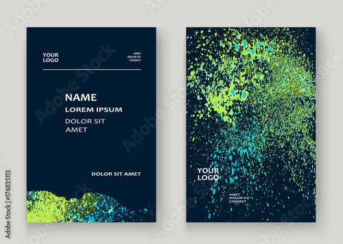 Neon explosion paint splatter artistic cover frame design. Decorative green splash spray texture blue dark background. Trendy template vector Cover Report Catalog Brochure Flyer Poster Banner photo