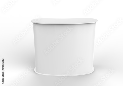 White blank advertising POS POI PVC Promotion counter booth, Retail Trade Stand Isolated on the white background. Mock Up Template For Your Design. 3D illustration