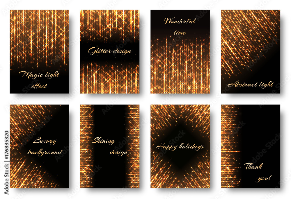 A set of bright cards with golden rays on a black backdrop. Brilliant light effect for festive decoration in vector format.