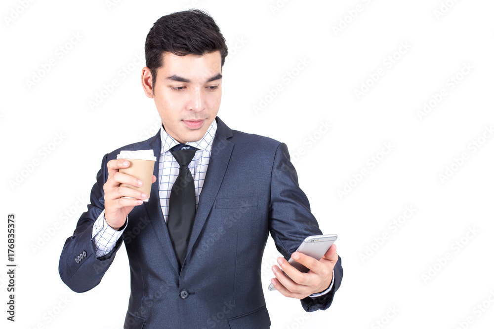Man holding smartphone in hand for using application, Isolated on White background. Man holding smartphone in hand for using application, Isolated on White background.