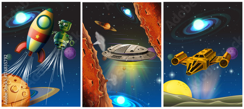 Three scenes with spaceship and robot in space
