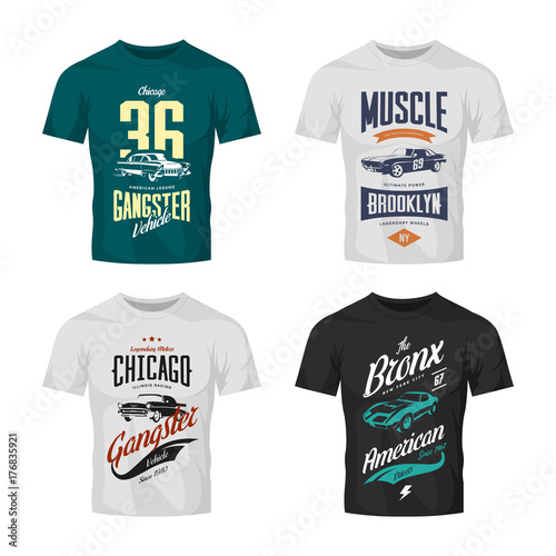 Vintage classic gangster and muscle car vector t-shirt logo mock up set. American street wear superior retro tee print design.
