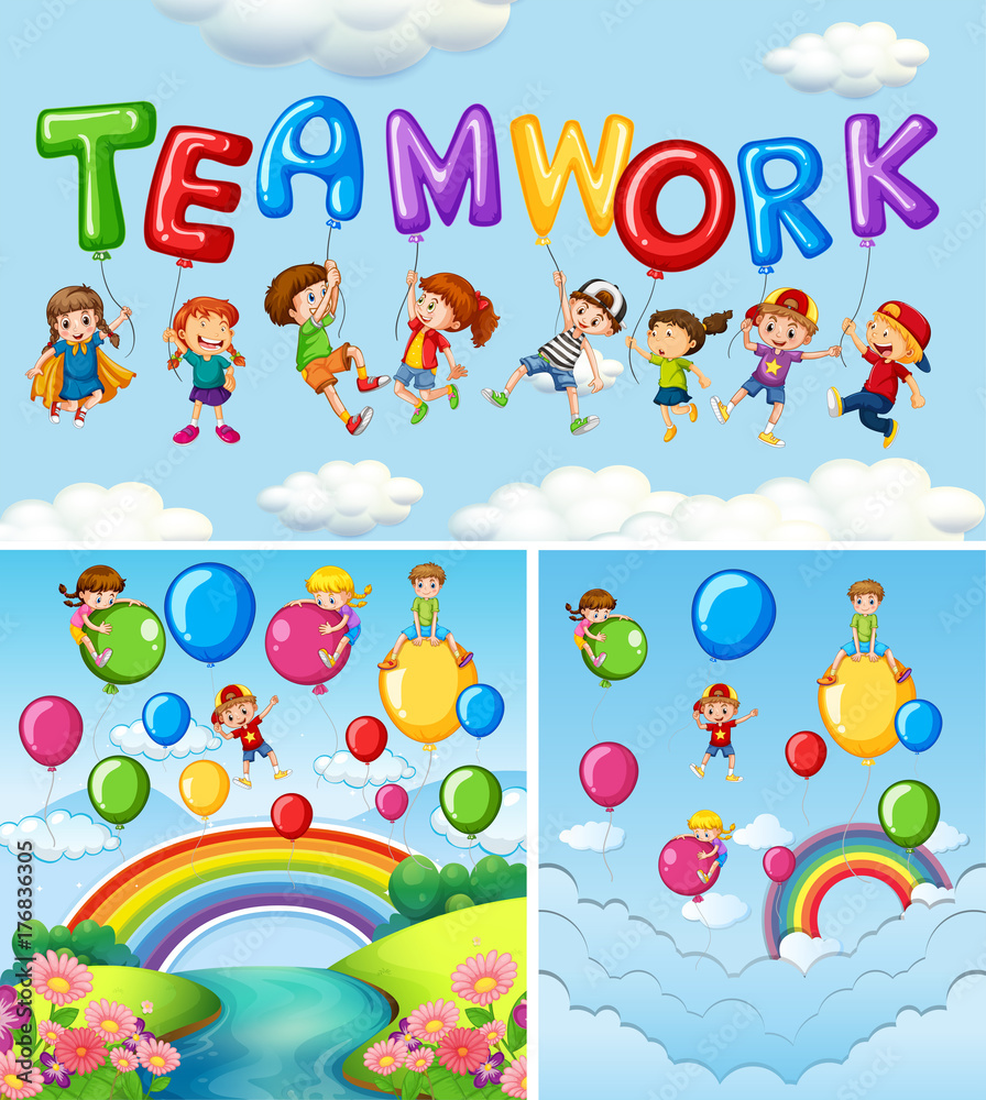 Children and balloons for word teamwork