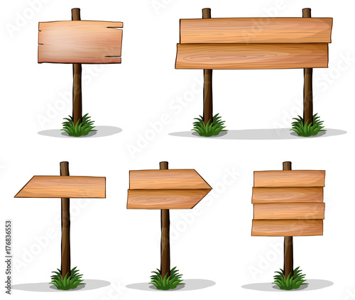 Five wooden signs on white background