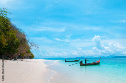 Kang Kao Island, white sand beach with fishing boat, Ranong, Thailand