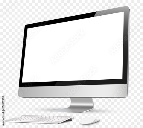 Computer, realistic, 3D with keyboard and mouse on an isolated background. Desktop - stock vector.