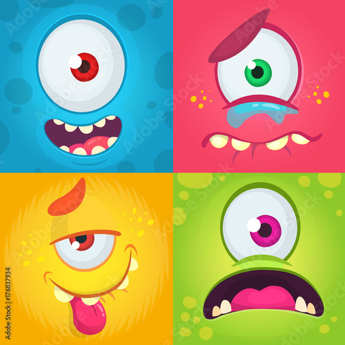 Cartoon monster faces set. Vector set of four Halloween monster faces with different expressions. Children book illustrations or party decorations