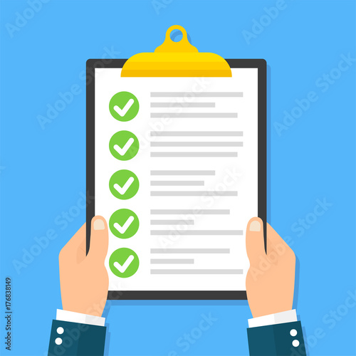 Businessman hands holding clipboard checklist in a flat - stosk vector.