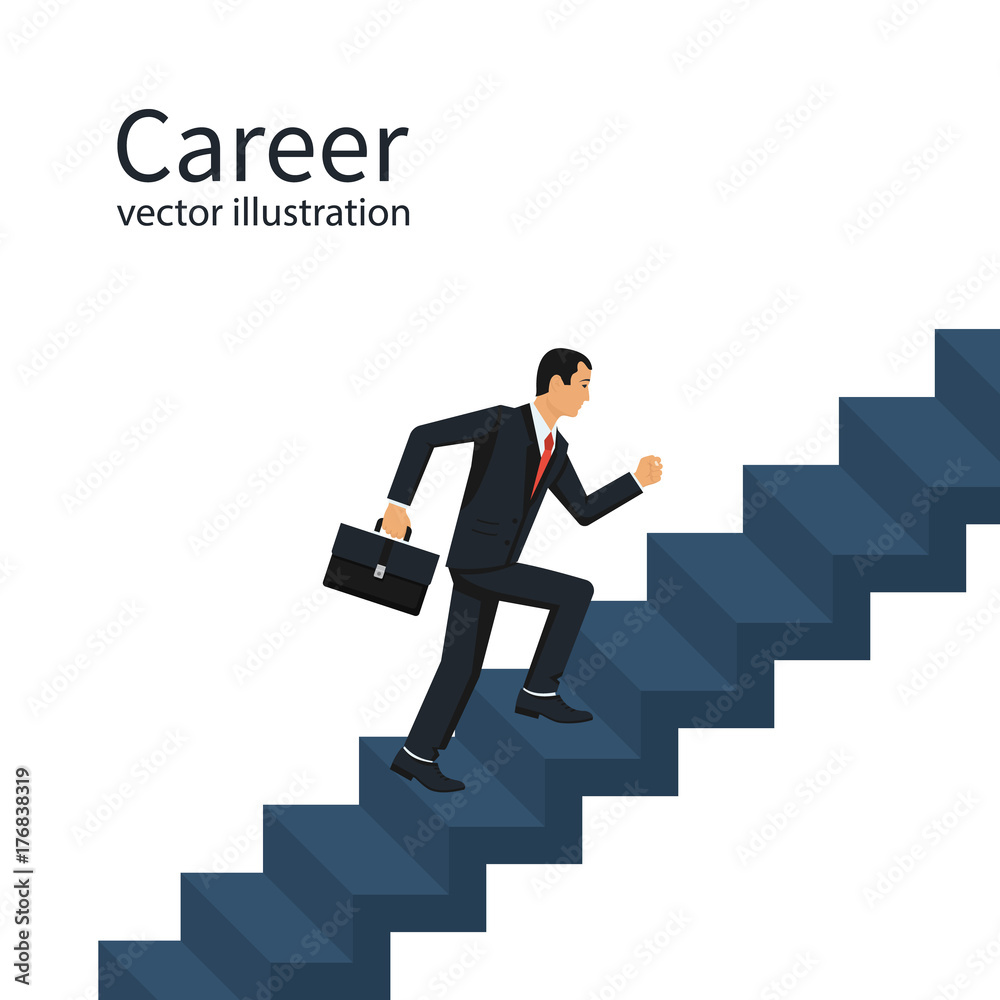 Businessman is climbing career ladder. Concept development. Vector illustration flat design. Isolated on background. Step by step. Human in a suit with a briefcase runs down stairs.