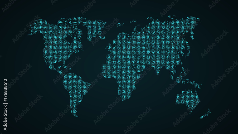 Abstract world map. Blue map of the earth from the square points. Dark background. Blue glow. High tech. Sci-fi tech. Global network. Vector