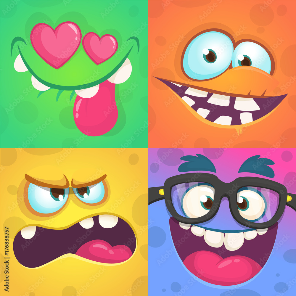 Cartoon monster faces set. Vector set of four Halloween monster faces with different expressions. Children book illustrations or party decorations