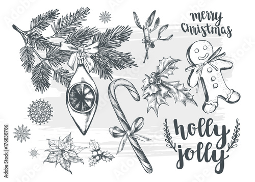 Hand drawn set of Christmas decorations. Template for greeting cards, invitations, posters, flyers. Vector isolated elements collection for your design.