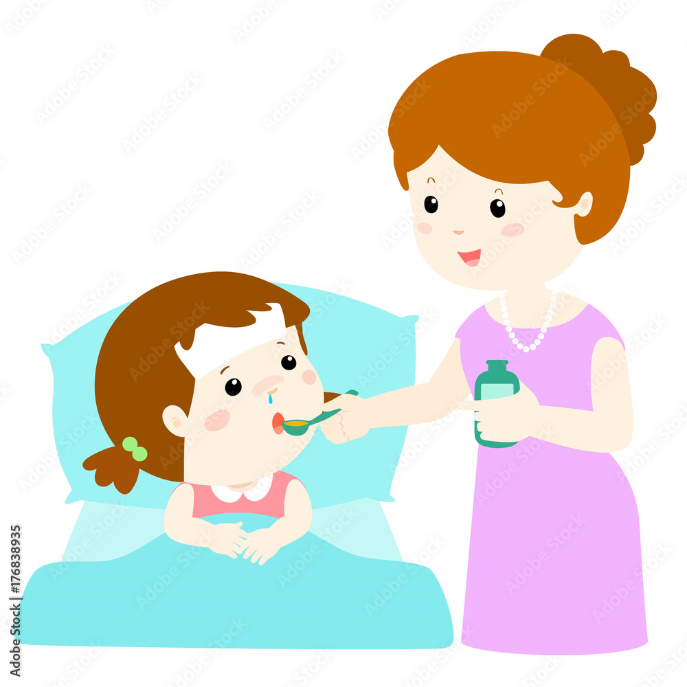 Mother giving daughter medicine vector illustration. Mother giving daughter medicine vector illustration.