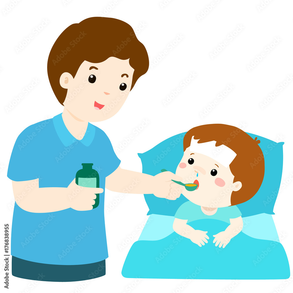 Father giving son medicine vector illustration. Father giving son medicine vector illustration.
