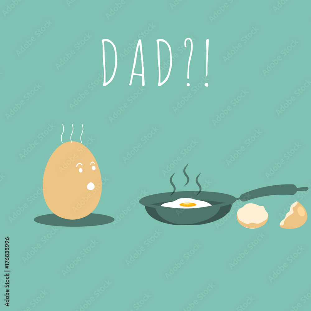 Sad and funny concept of a young egg looking at his broken dad. Vector illustration. Modern flat design.
