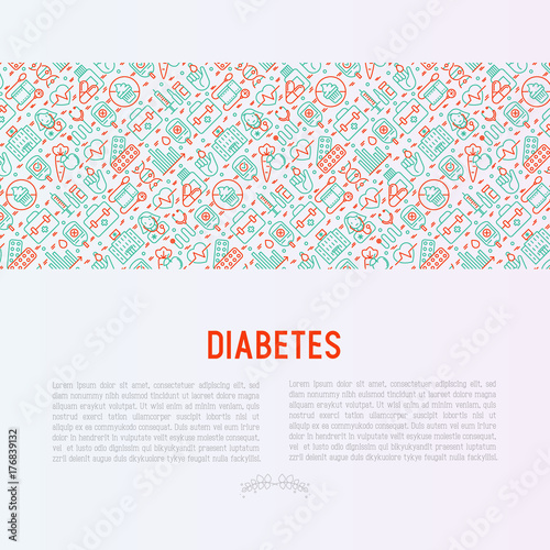 Diabetes concept with thin line icons of symptoms and prevention care. Vector illustration for background of medical survey or report, for banner, web page, print media.