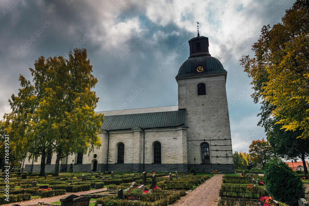 Old white Church in autumn