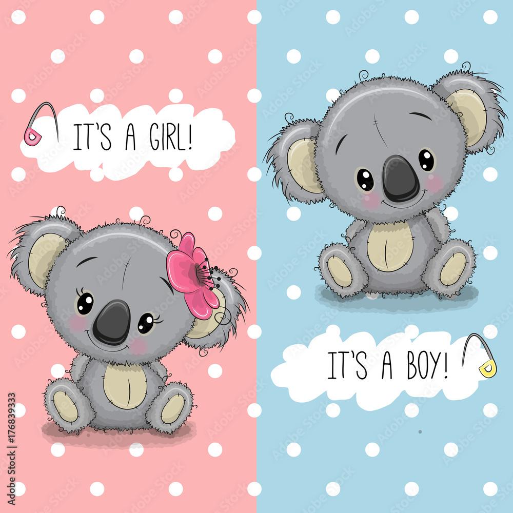 Naklejka premium Baby Shower kartkę z życzeniami z chłopcem i dziewczynką Koala