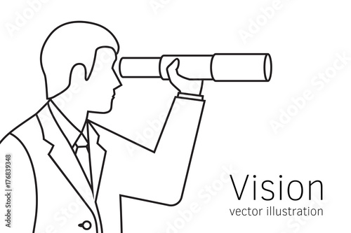 Vision business concept. Businessman looking in telescope seeing future. Vector illustration flat line minimal design. Isolated on background. Spyglass in hand. Search solution. Forward-looking person