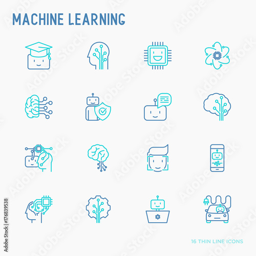 Machine learning and artificial intelligence thin line icons set. Vector illustration for banner, web page, print media.
