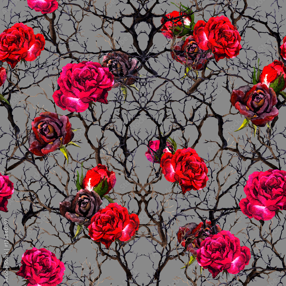 Rose flowers, branches. Seamless pattern. Watercolor