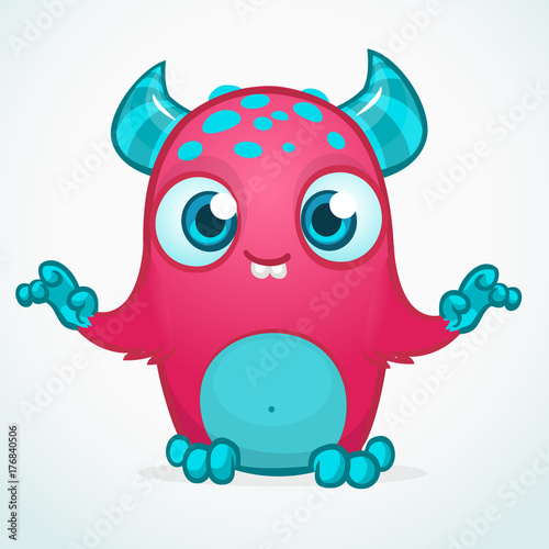Happy cartoon monster. Halloween pink furry monster. Big collection of cute monsters. Halloween character. Vector illustrations. Good for book illustration  magazine prints or journal article