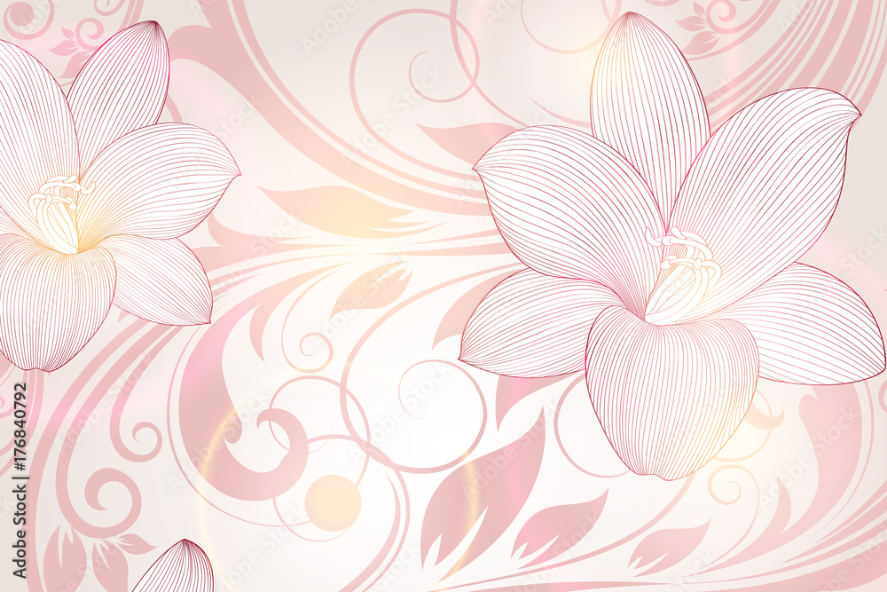 Hand-drawing monochrome  floral background with flowers lily