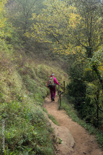 Female athlete to trekking through forests