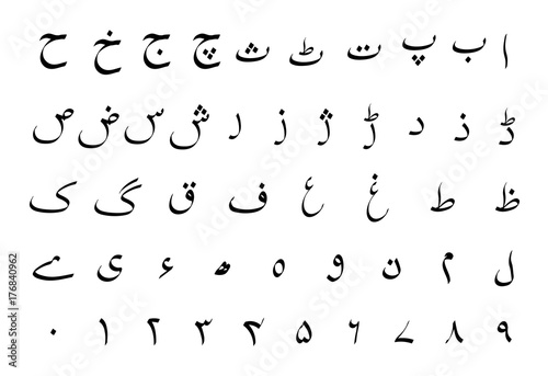 Set of Urdu language alphabet signs on white