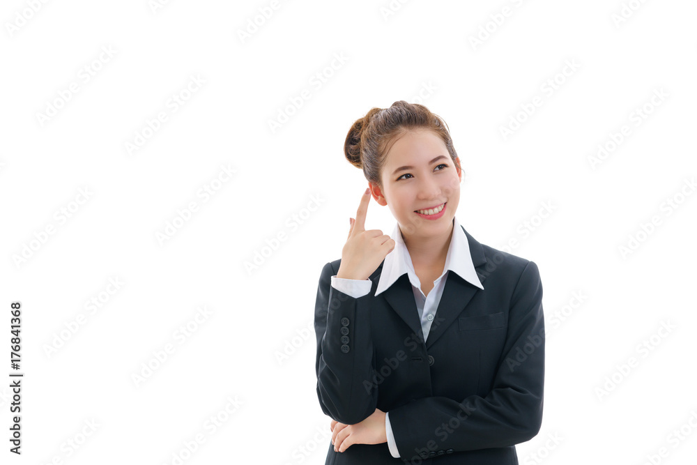 Smiling young Asian businesswoman in black suit and white t-shirt pointing finger isolated on white background Smiling young Asian businesswoman in black suit and white t-shirt pointing finger isolated on white background