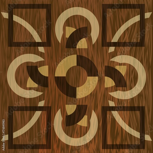 Wooden inlay, light and dark wood patterns. Veneer textured geometric ornament. Wooden art decoration template.