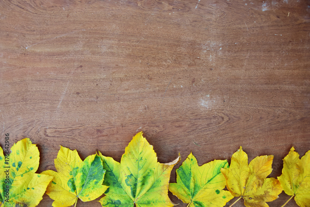 Autumn background with colorful leaves on rustic wooden table Autumn background with colorful leaves on rustic wooden table