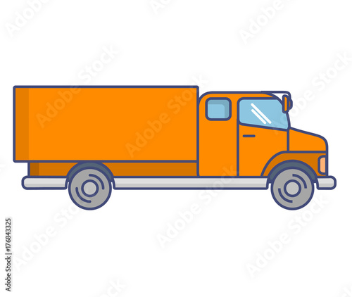 Delivery truck for transportation goods. In flat linear style a vector. The vehicle for loading and unloading of freights. Commercial cargo van.