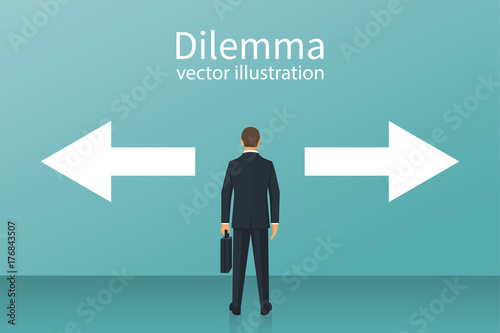 Dilemma concept. Businessman standing two arrows in different directions. Vector illustration flat design. Isolated on background. Choice way. Decision business metaphor. Human before choosing. 