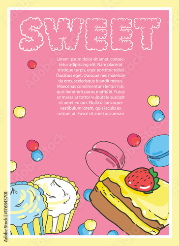 Flyer on the theme of food and sweets on pink background